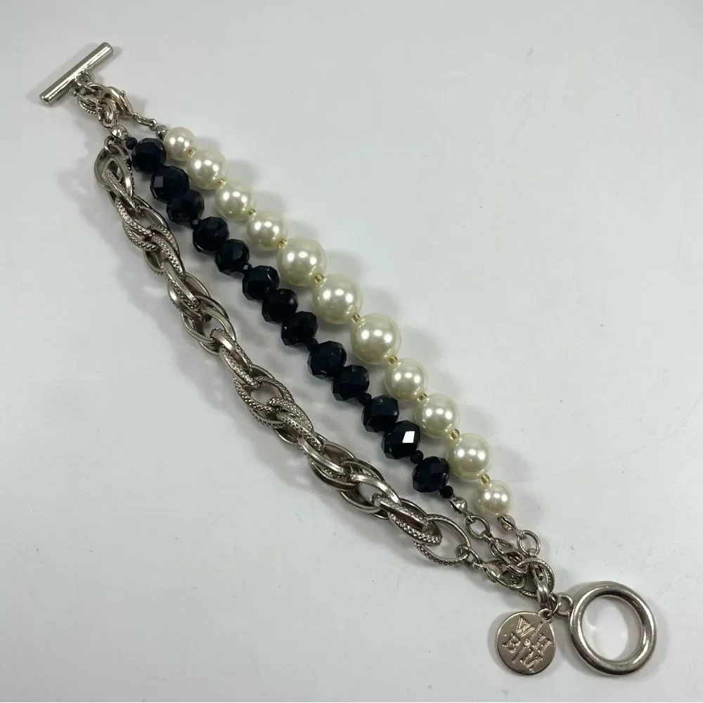White House Black Market Bracelet Glass Beaded Chain Multi Layer Silver Tone